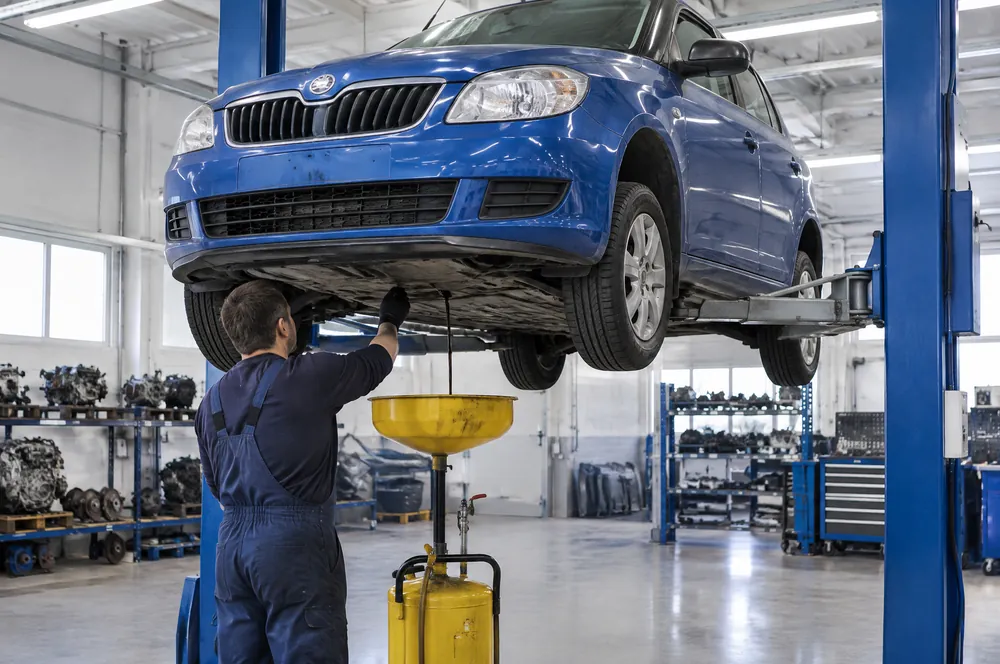 Technik vypouští olej z vany motoru modré Škody Fabie na zvedáku do sběrné nádoby
